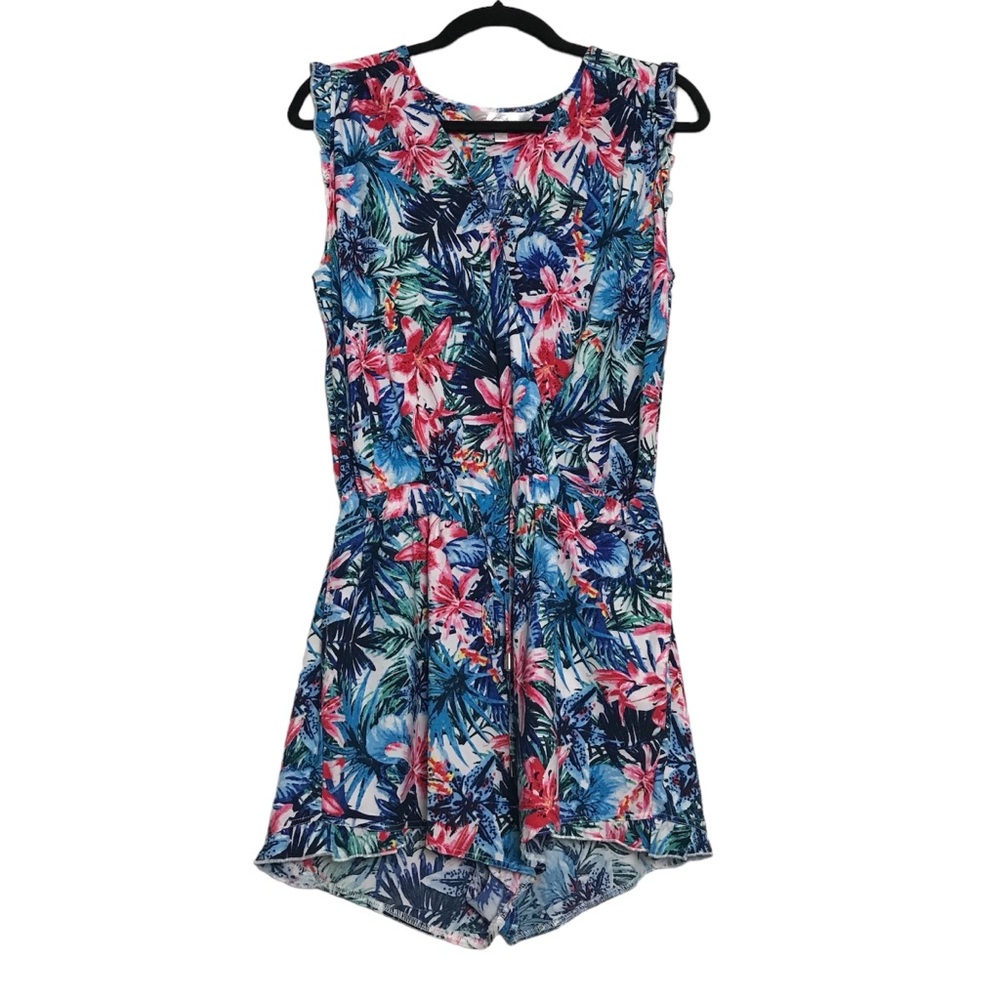 Marilyn Monroe Blue Tropical Floral Flutter Sleeve Romper Womens Sz L Coconut